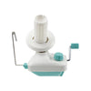 A white hand-operated wool yarn winder device with a spindle and a teal knob.
