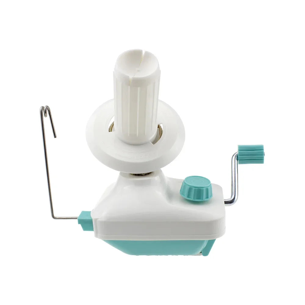 A white hand-operated wool yarn winder device with a spindle and a teal knob.