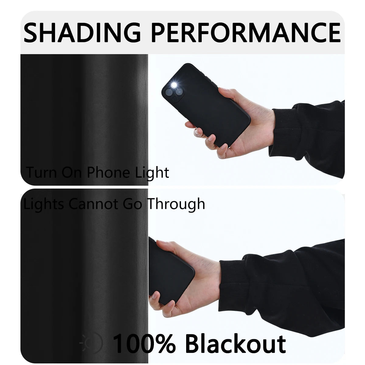 Demonstration of a 100% blackout curtain showing light blocking and shading performance.