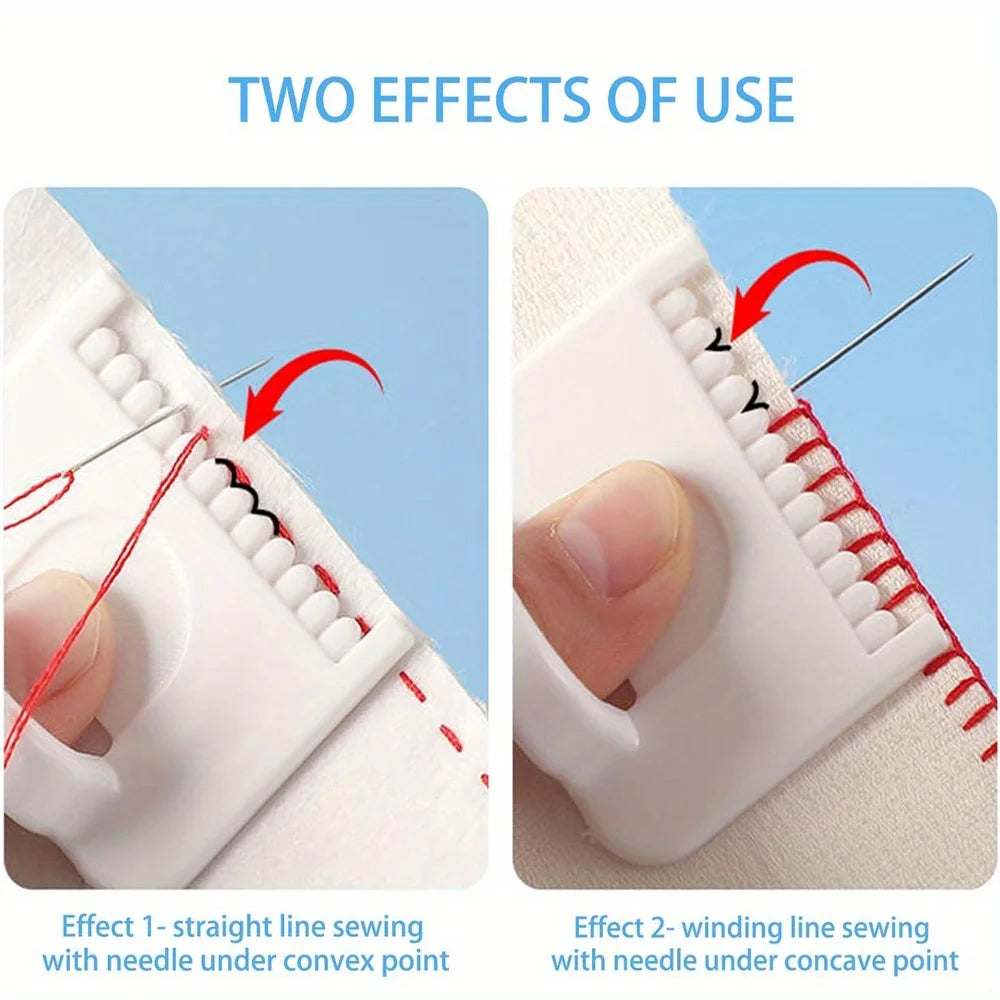 A precision sewing guide template kit showing two effects of use: straight line sewing with a needle under a convex point and