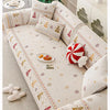 Decorative sofa seat covers featuring a floral and geometric pattern in cream, red, and gold tones.
