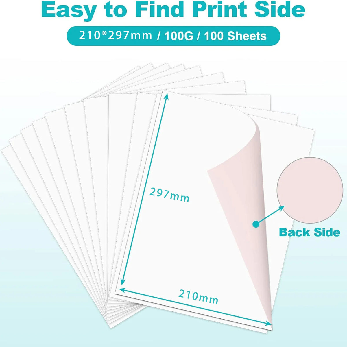 A stack of white sublimation paper sheets showing the front and back sides, with dimensions marked.