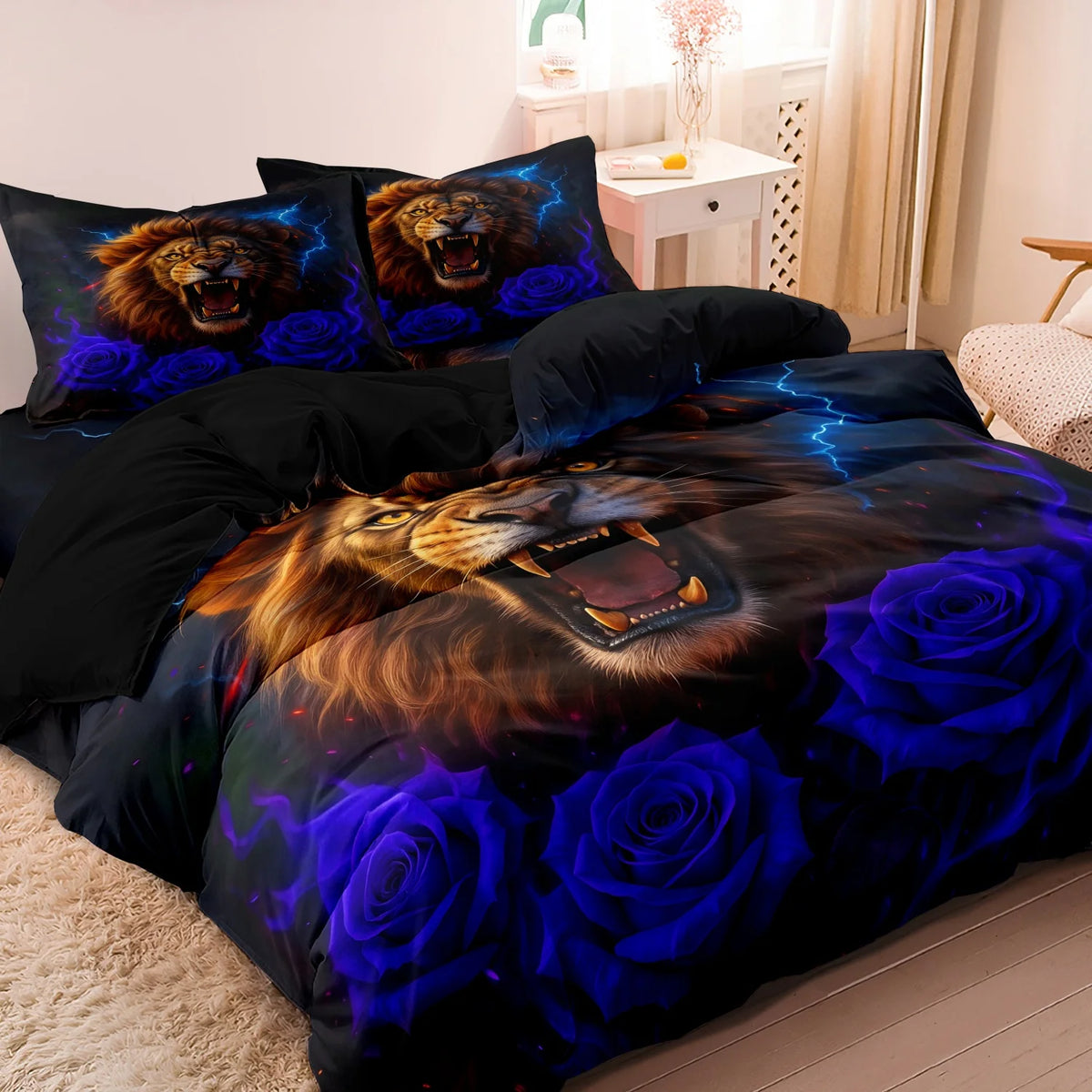 A bedding set featuring a print of a fierce golden wolf head surrounded by deep blue roses on black fabric.