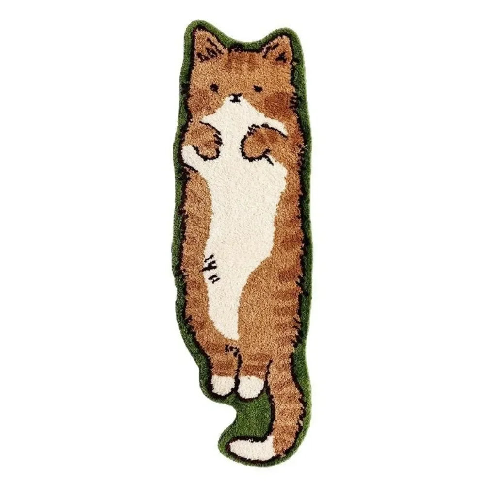 A plush rug shaped like a brown and white cat with green accents.