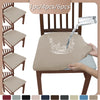 A set of four beige elastic bench covers for a wooden chair, shown with a water spray effect.
