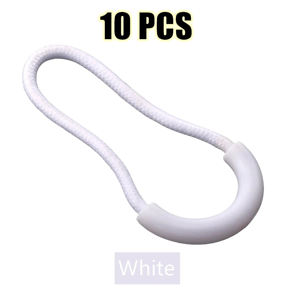 Ten white U-shape zipper pull straps shown against a white background.