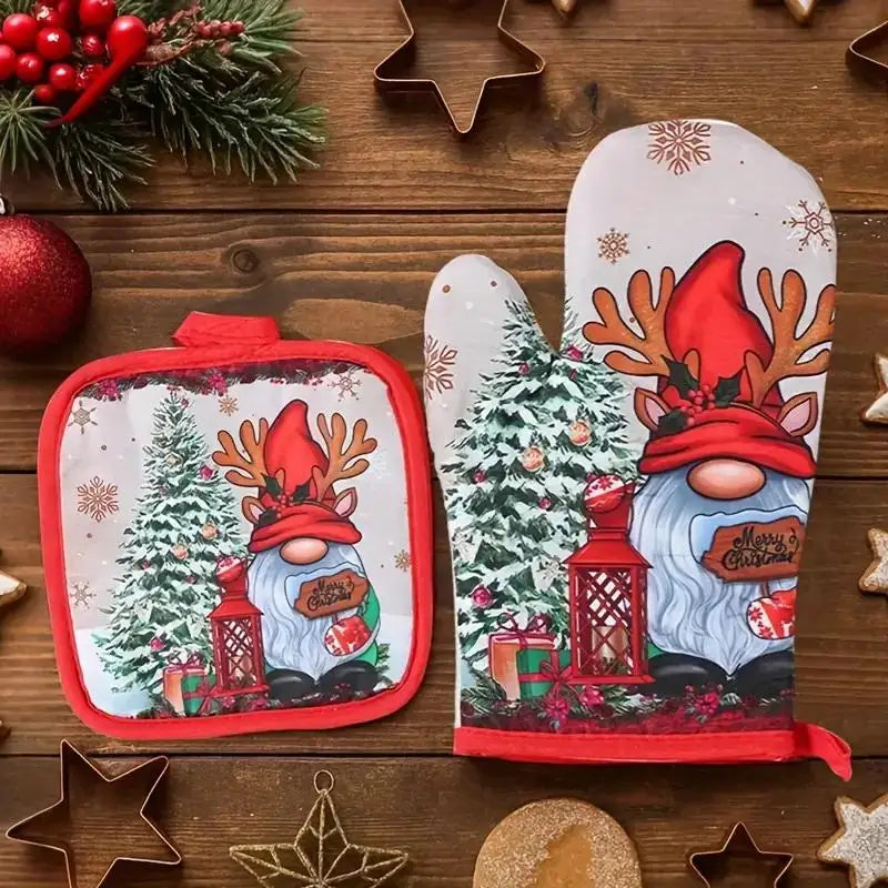 Festive Christmas insulated oven mitts featuring a Santa and snowman design on a white background