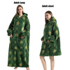 A model wearing a dark green plush fleece blanket hoodie for adults, shown in long and short styles.
