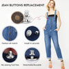 Set of jean buttons replacement pins shown with a denim garment and installation instructions.