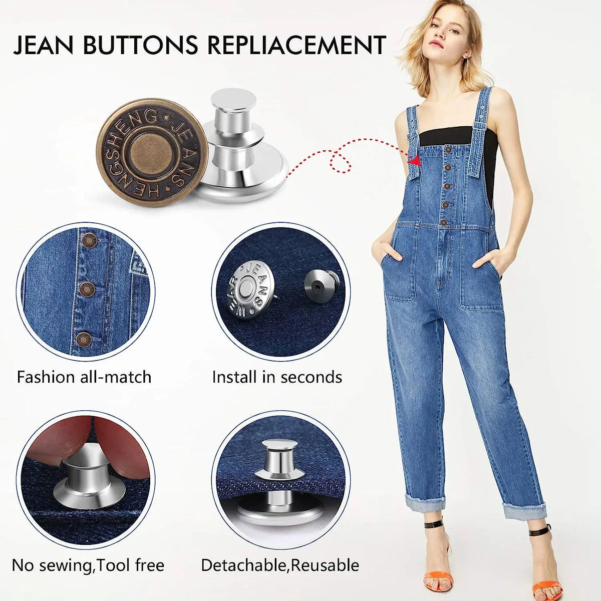Set of jean buttons replacement pins shown with a denim garment and installation instructions.