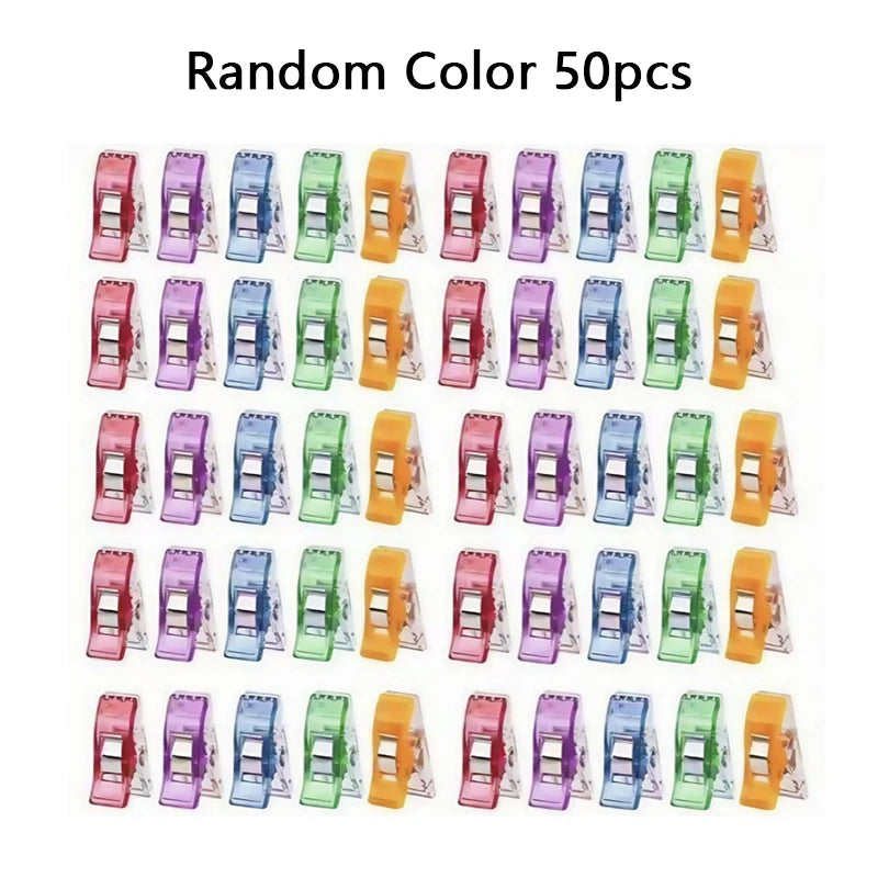 A set of 50 random color multipurpose sewing and craft clips arranged in a grid.