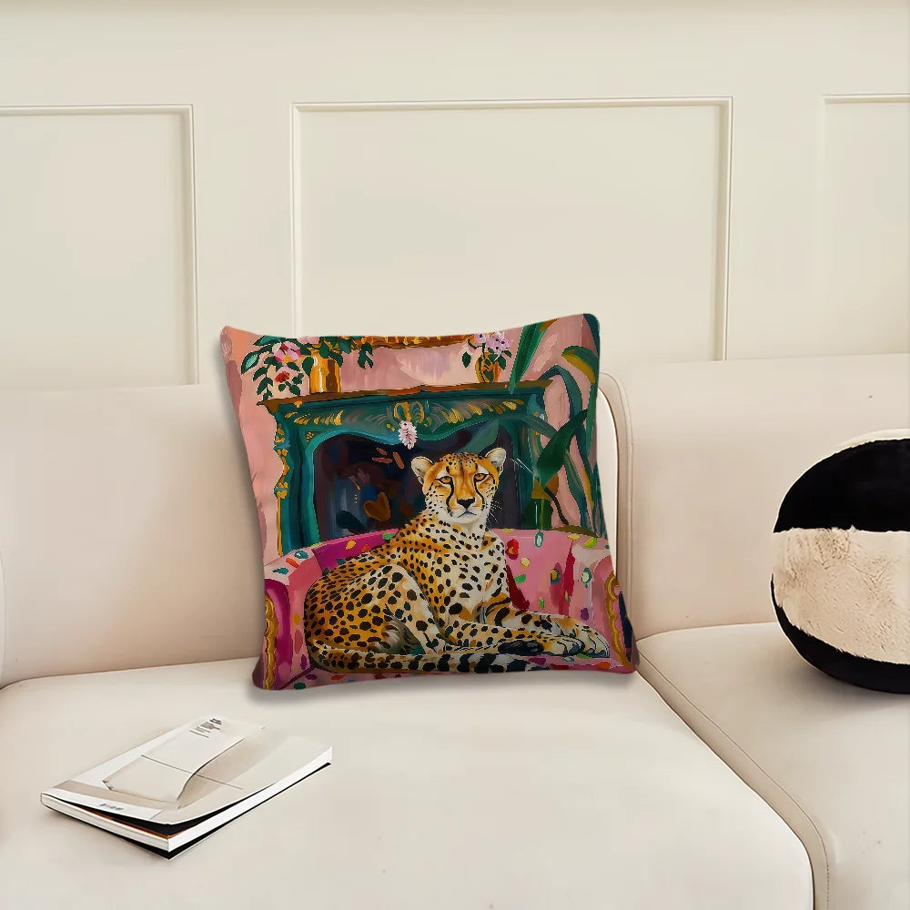 A decorative cushion cover featuring a cheetah print and green foliage in pink and purple tones.