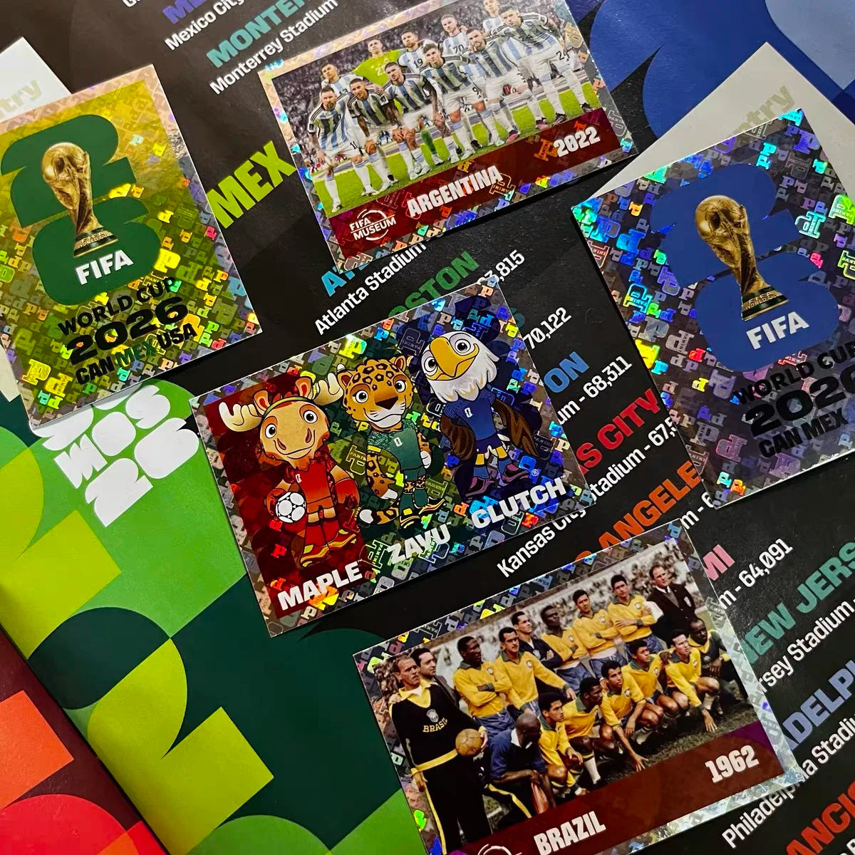 A collection of football stickers featuring various designs related to the 2026 FIFA World Cup and national teams.