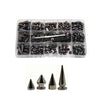 A clear plastic tray containing a kit of punk screw back studs and spikes for leather craft.