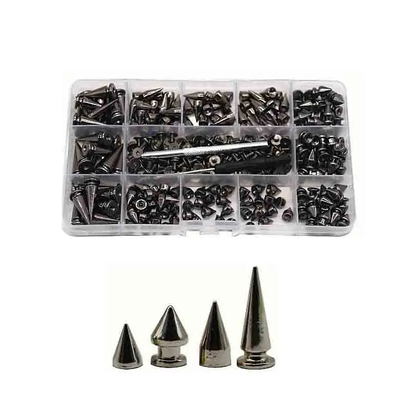 A clear plastic tray containing a kit of punk screw back studs and spikes for leather craft.