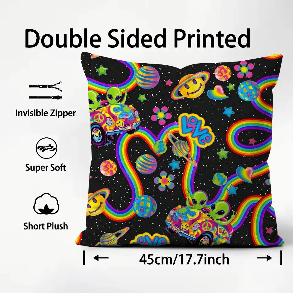 A double-sided printed square pillow cover featuring a vibrant, colorful, and whimsical design with stars and playful charact