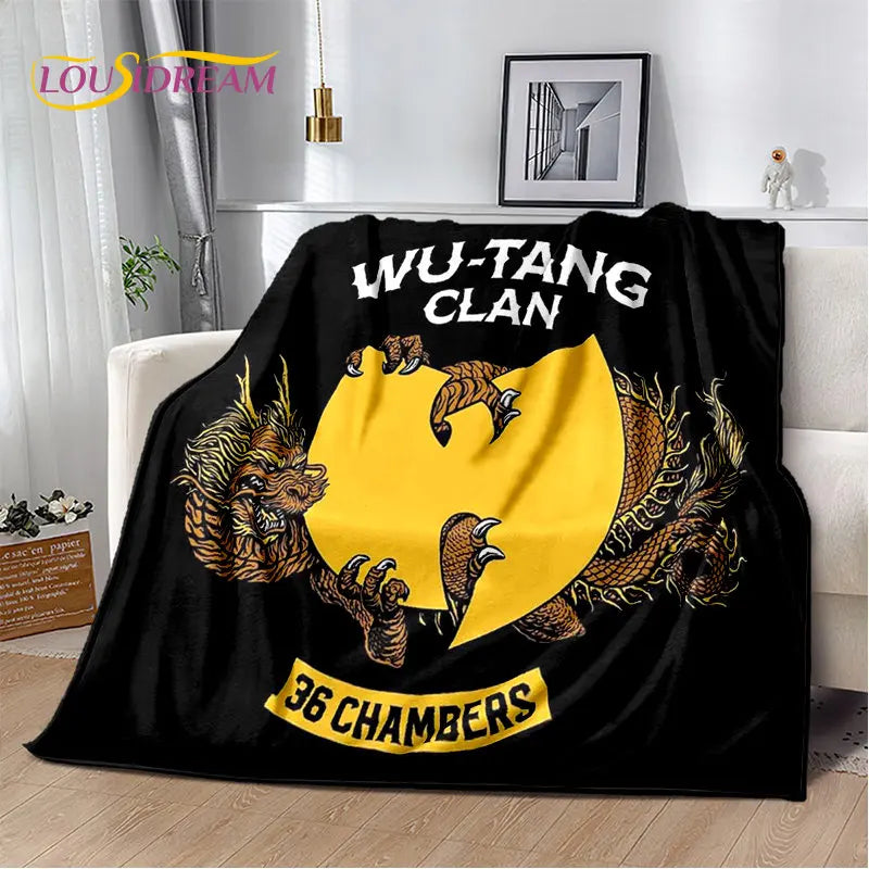 Black blanket featuring a yellow silhouette of a dragon clan with the text Wu-Tang Clan and 36 Chambers