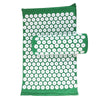 A green acupressure relief mat and pillow set covered in white dots for pain and stress relief.
