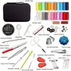 A collection of various sewing tools including needles, thread reels, scissors, thimbles, and cutters.
