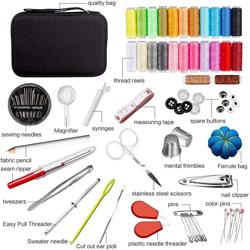 A collection of various sewing tools including needles, thread reels, scissors, thimbles, and cutters.