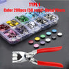 A clear plastic box containing 200 metal prong snap button fasteners and a pair of silver and red pliers.