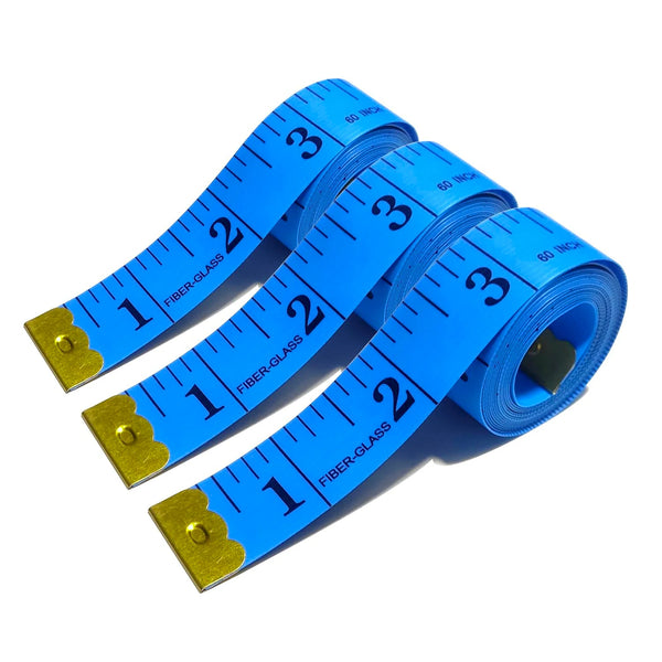 A set of two blue fiberglass measuring tapes coiled and laid out on a white background.