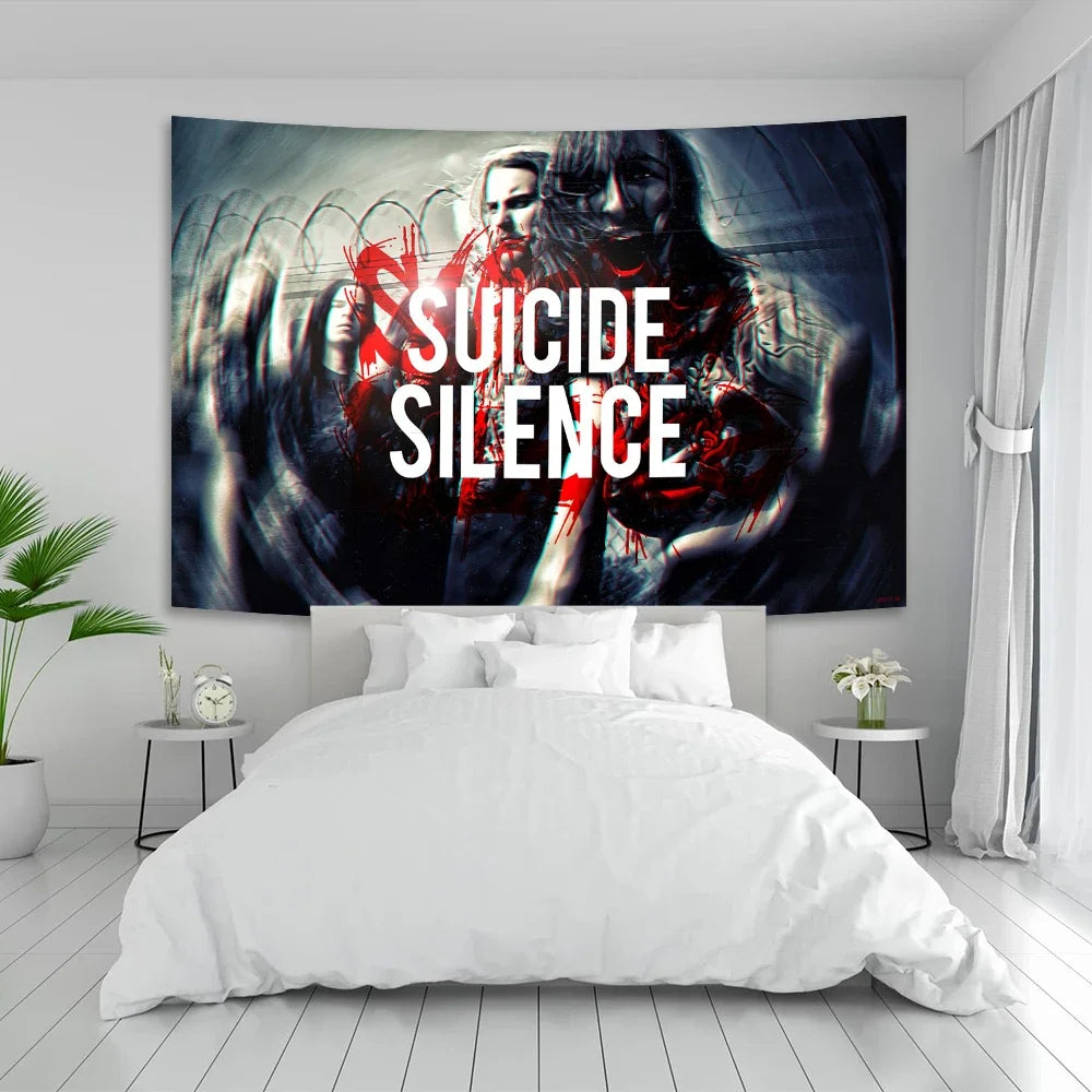 A dark, moody tapestry featuring a close-up of a person with red markings and the text SUICIDE SILENCE.