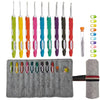 A set of ergonomic felt crochet hooks in various colors and sizes displayed next to a gray felt mat.