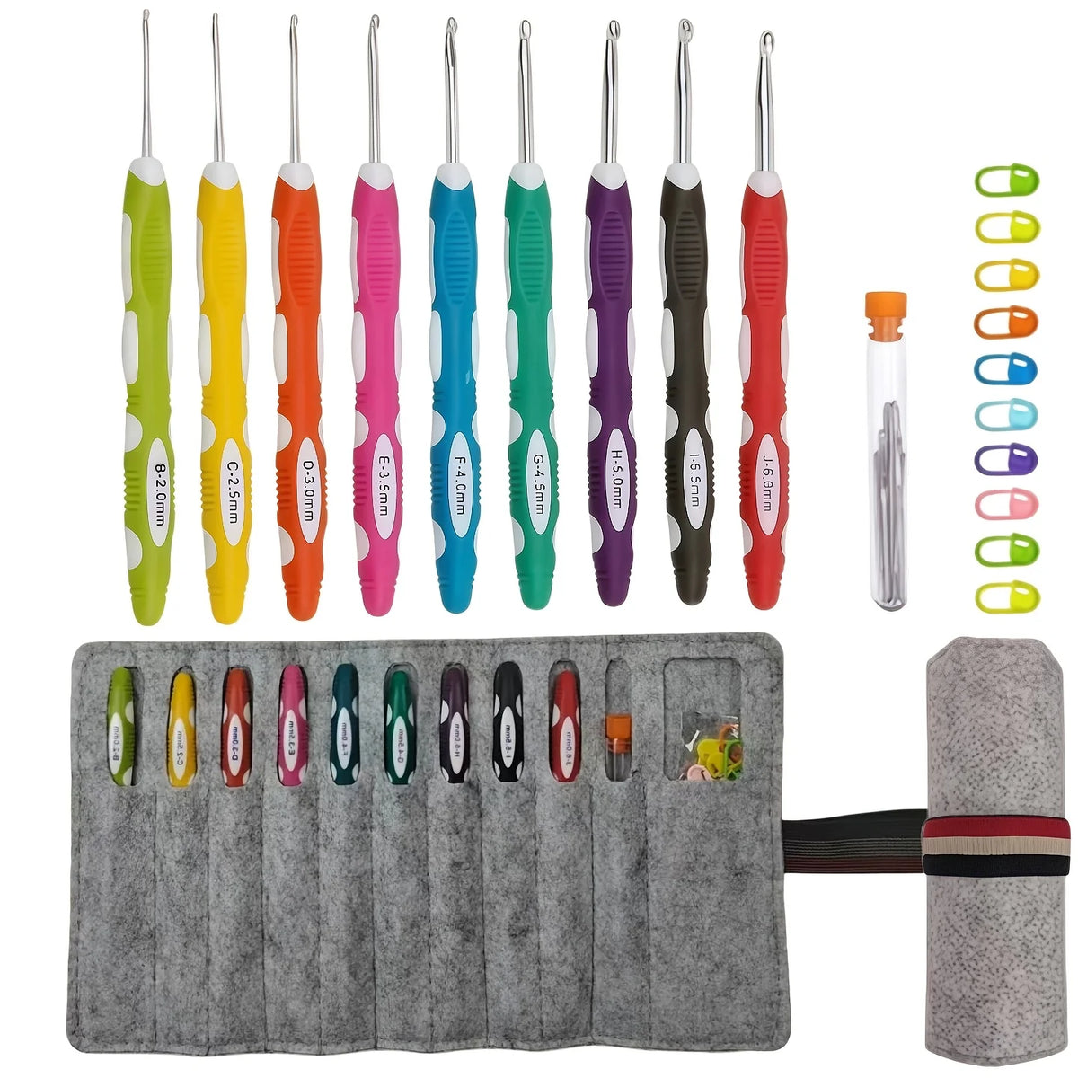 A set of ergonomic felt crochet hooks in various colors and sizes displayed next to a gray felt mat.