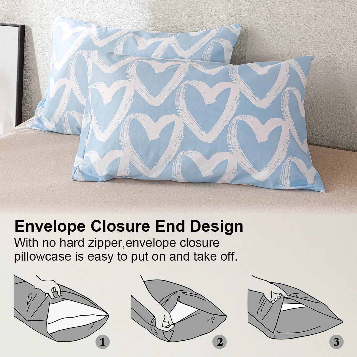 Light blue pillowcase with a white heart print showing the envelope closure end design.