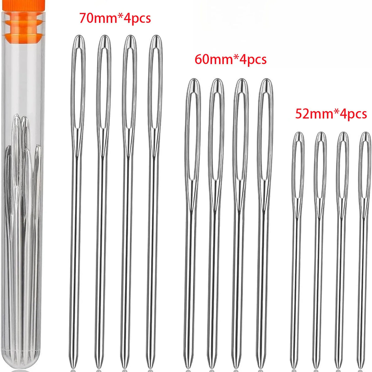 Stainless steel hand sewing needle kit with 70mm, 60mm, and 52mm needles in clear packaging.