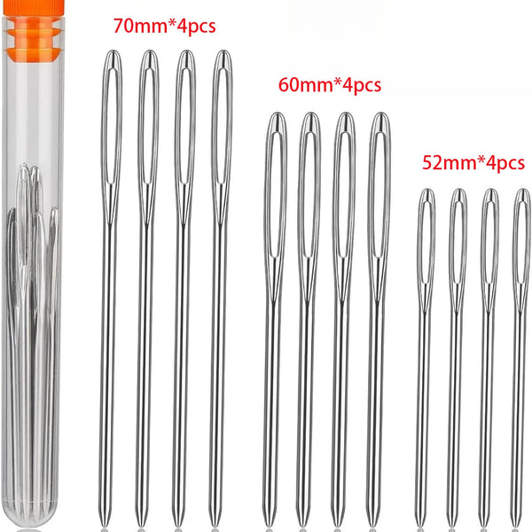 Stainless steel hand sewing needle kit with 70mm, 60mm, and 52mm needles in clear packaging.