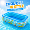 A blue inflatable pool floating on clear water with colorful decals and a text overlay promoting cool off in style.