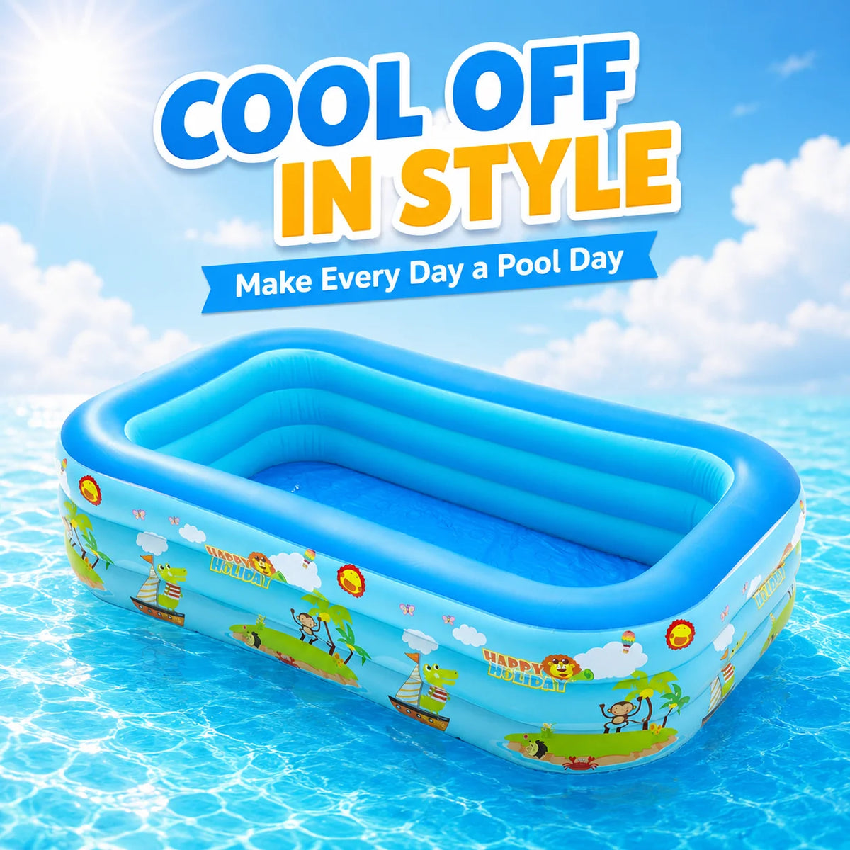 A blue inflatable pool floating on clear water with colorful decals and a text overlay promoting cool off in style.