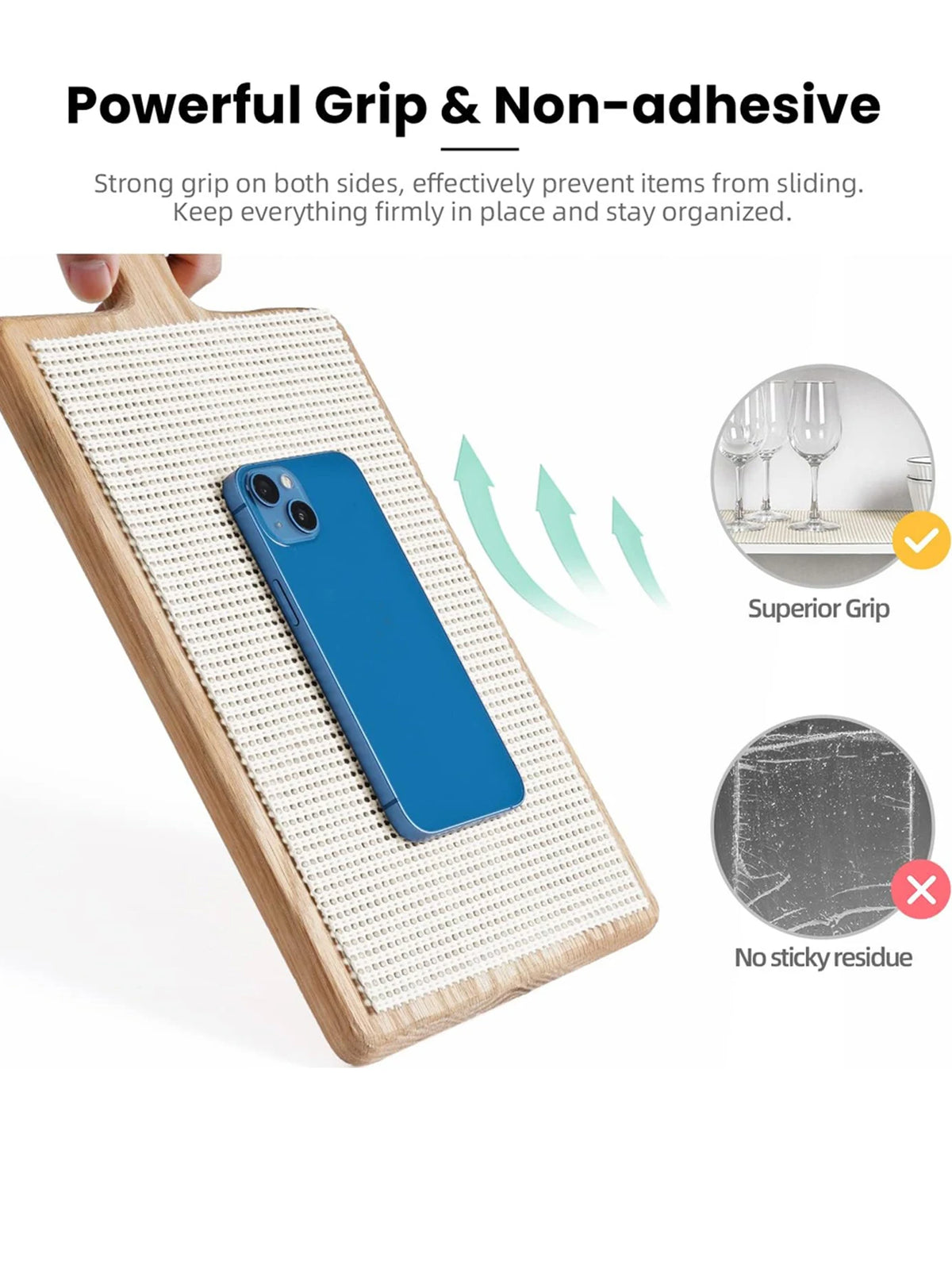 A blue smartphone is placed on a wooden tray with a textured silicone non-slip liner for grip and organization.