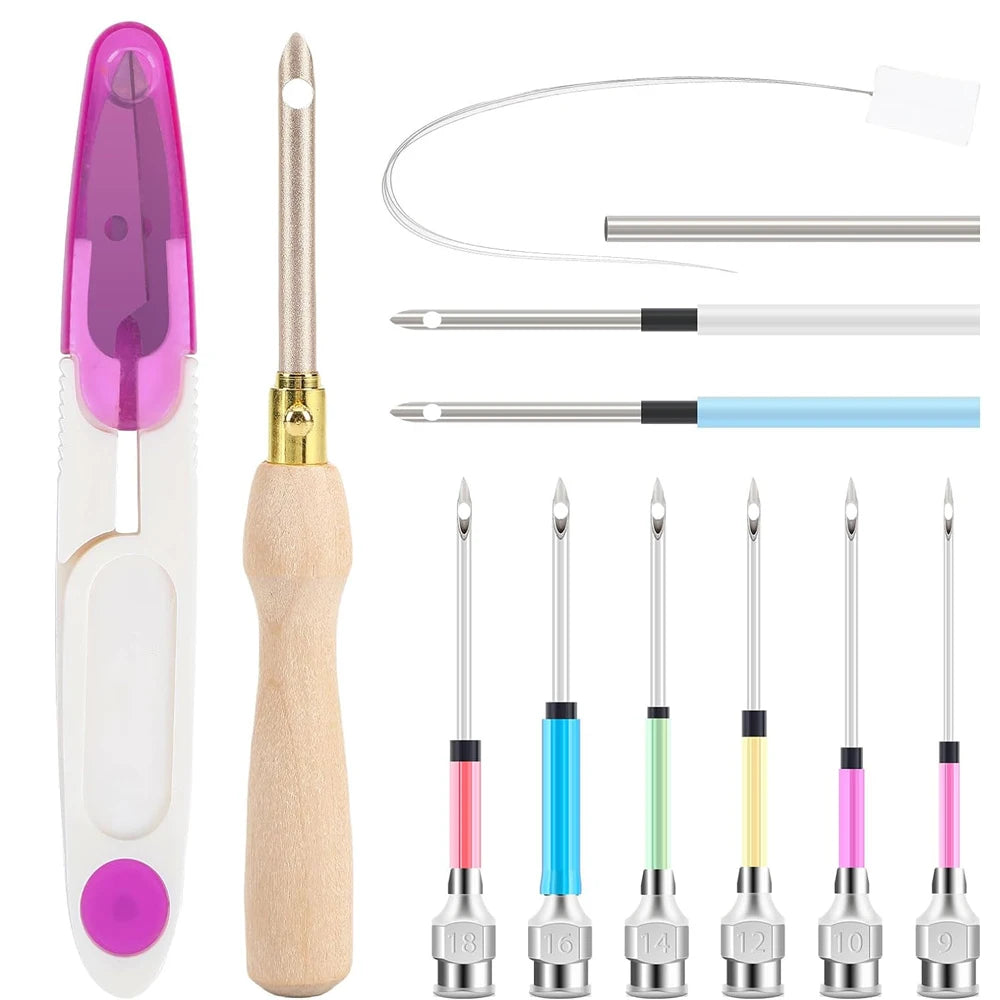 A set of precision punch needle tools including a pink and white handle, various needles, and punches.