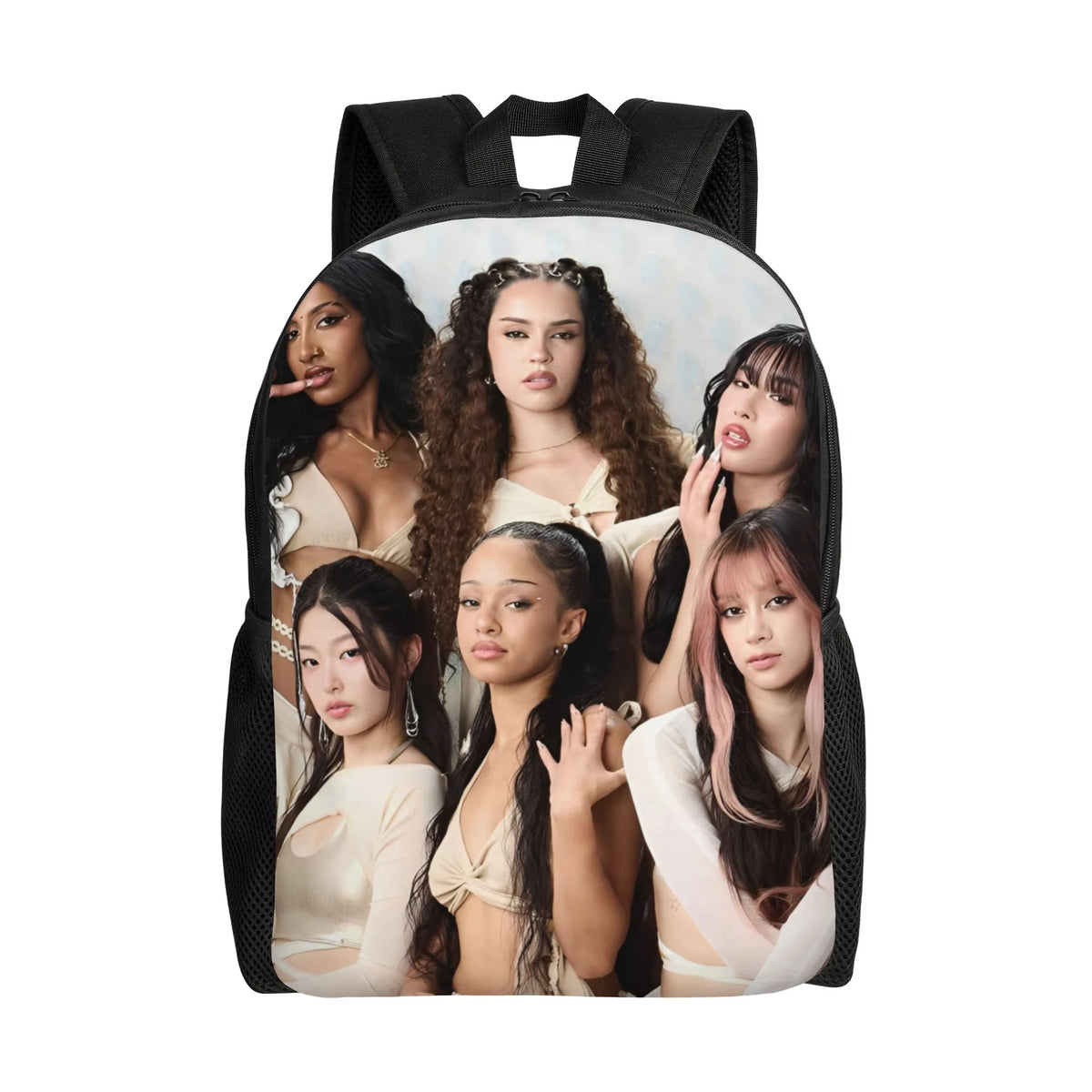 A black canvas backpack featuring several female models in various poses and outfits.