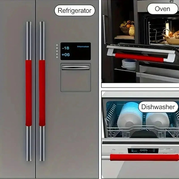 A close-up view of a refrigerator door showing three stainless steel door handles with red accents and an information panel.