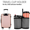 A pink travel cup holder designed to fit all size suitcase handles.