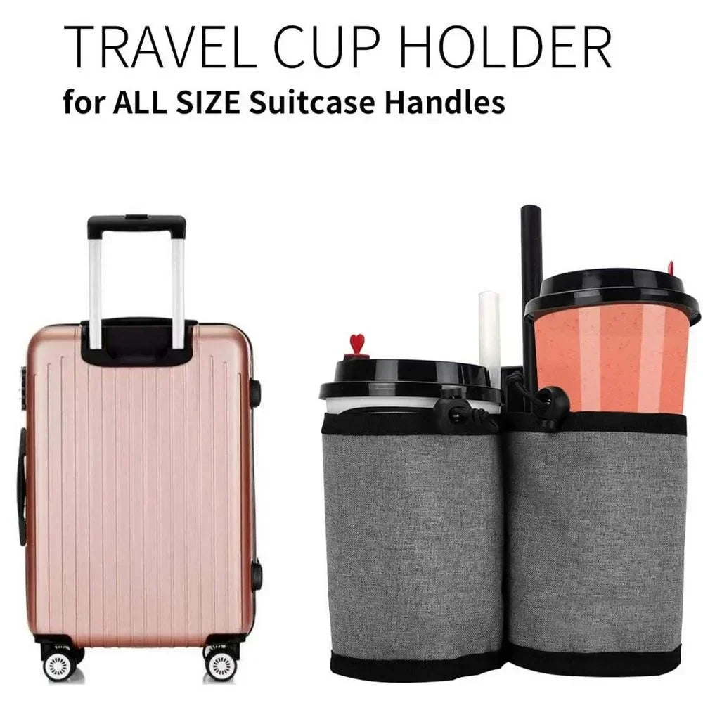 A pink travel cup holder designed to fit all size suitcase handles.