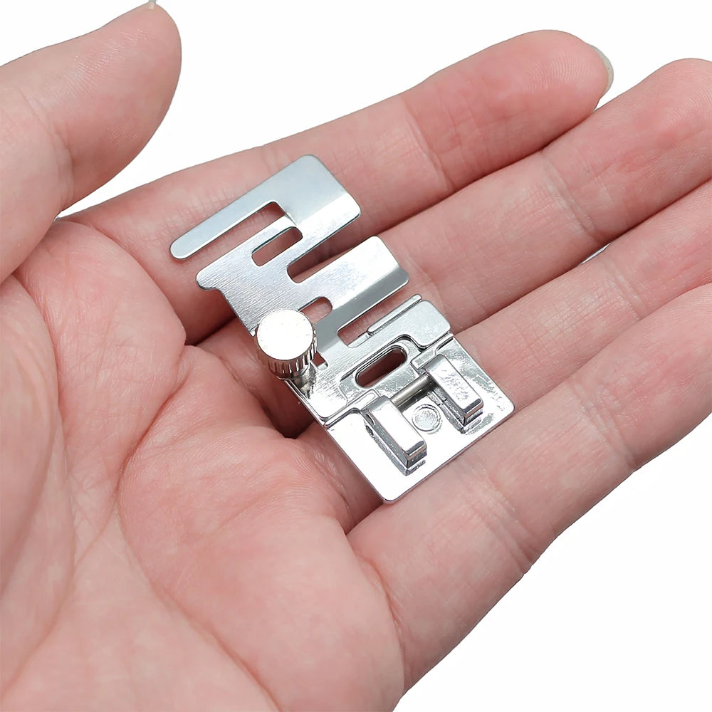 Silver stretch fabric presser foot for domestic sewing machines shown in a hand.