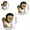 Three cartoon characters in different sizes and poses, depicting a determined expression.