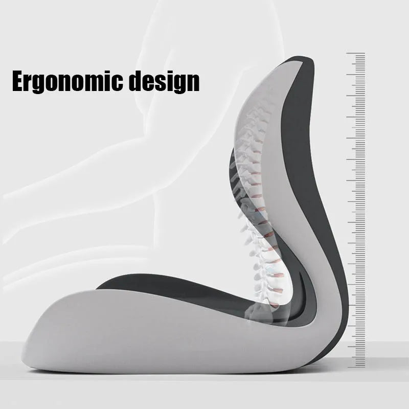 A side view of an ergonomic memory foam lumbar seat cushion designed for spinal support.