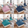 Two modern velvet sofa seat covers in teal and navy blue are displayed on light-colored sofas.