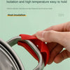 A hand is holding a red silicone pan handle cover over a metal pot handle, demonstrating heat insulation.