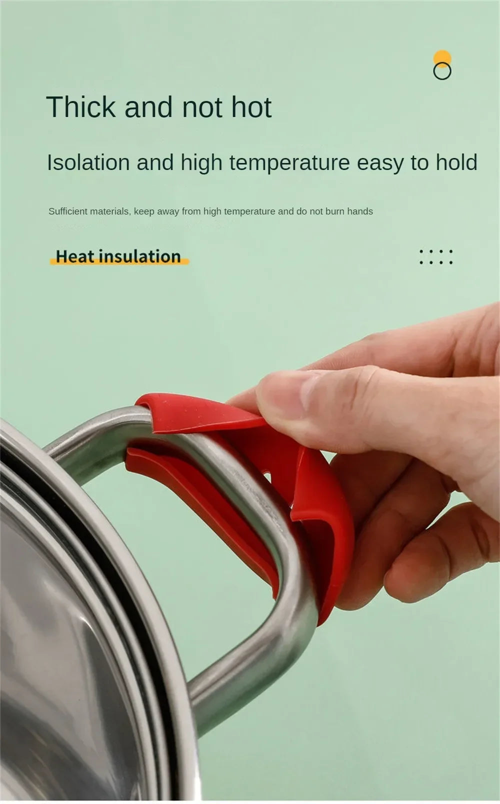 A hand is holding a red silicone pan handle cover over a metal pot handle, demonstrating heat insulation.