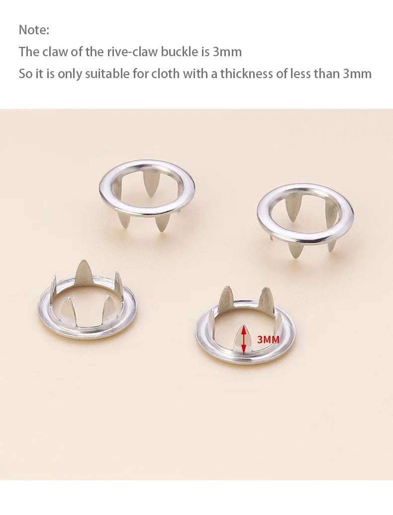 A silver metal sewing button kit showing a 3mm thickness measurement.