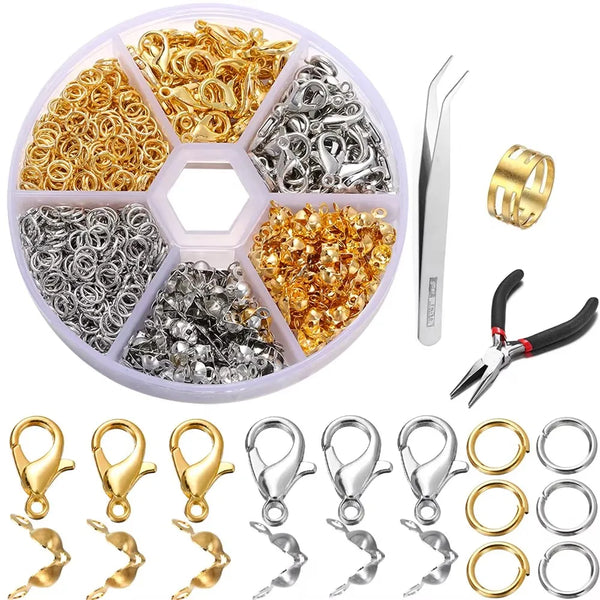 Bulk jewelry making kit containing various gold and silver lobster clasp findings and pliers