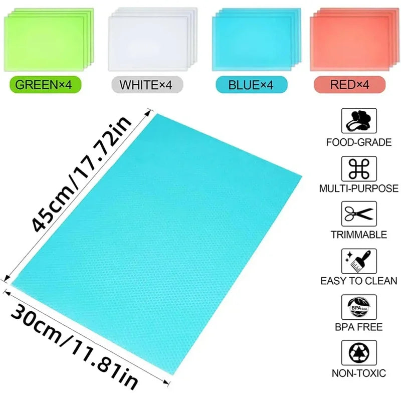 A set of reusable EVA fridge shelf liners in green, white, blue, and red colors are displayed alongside a large light blue li