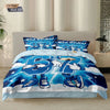 A set of three funny printed duvet covers featuring a large number 52 on a blue and white background.